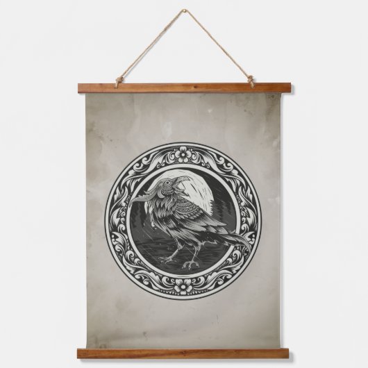 水彩Ravenブラックバード自然メダリオンロゴ 吊り下げ型タペストリー (正面)