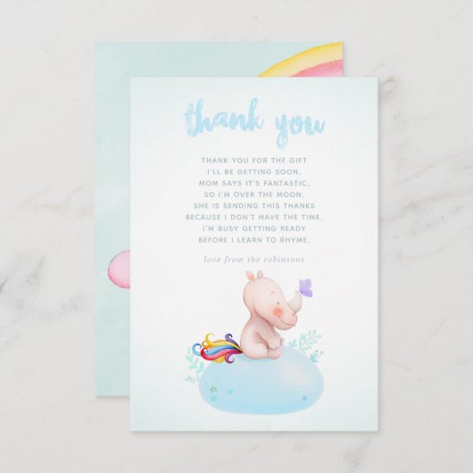 水彩Rhino Unicorn男の赤ちゃんシャワーサンキュー サンキューカード (正面/裏面)