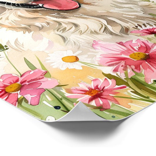 水彩Samoyedポートレートとピンクの花 ポスター (角)