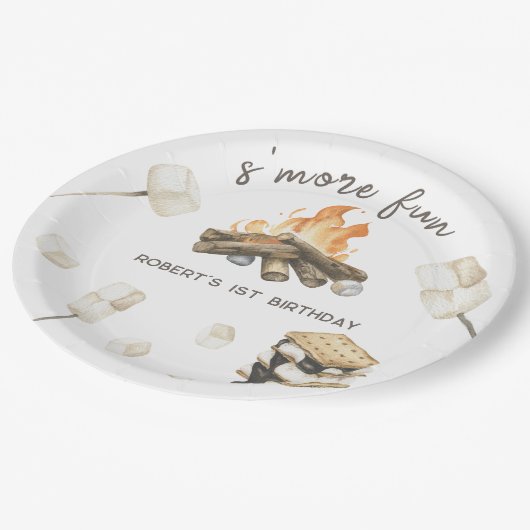 水彩S'moreキャンプファイア1st誕生日 ペーパープレート (アングル)