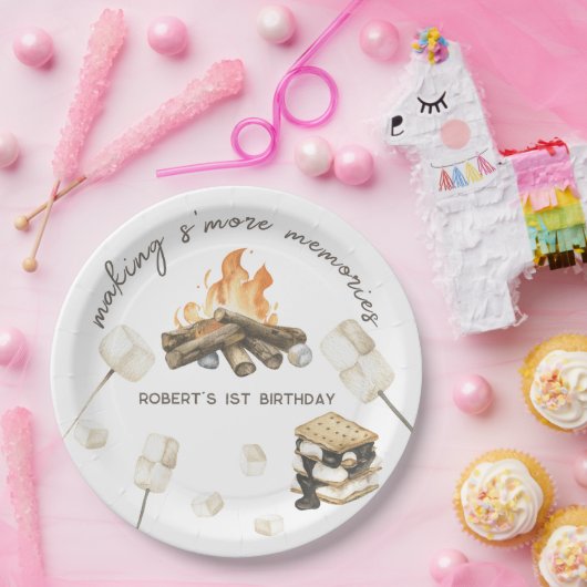 水彩S'moreキャンプファイア1st誕生日 ペーパープレート (パーティー)