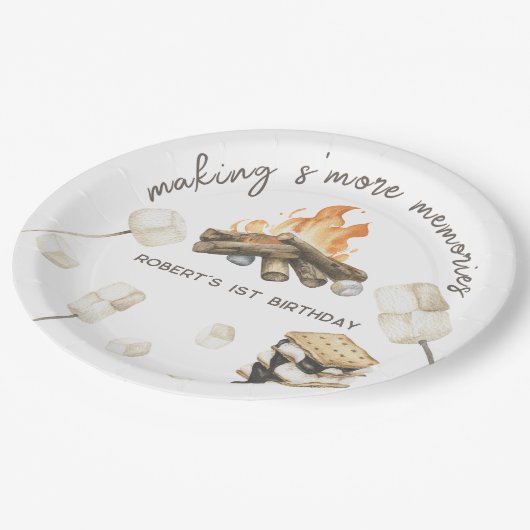 水彩S'moreキャンプファイア1st誕生日 ペーパープレート (アングル)