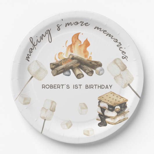 水彩S'moreキャンプファイア1st誕生日 ペーパープレート (正面)