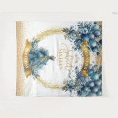 水彩Sweet sixteenブルー金ゴールドグリッターバナー タペストリー (正面(横))