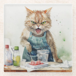 水怒色の猫を台所で ガラスコースター