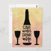 水救飲みワインブラックボトル2グラス ポストカード (正面/裏面)