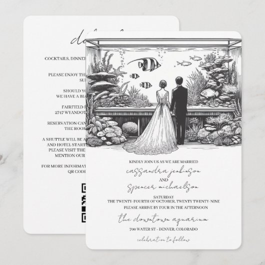 水族館の結婚式の詳細とQR 招待状 (正面/裏面)