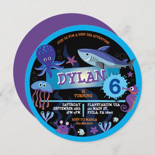 水族館の誕生日パーティーの招待状の下 招待状 (正面/裏面)