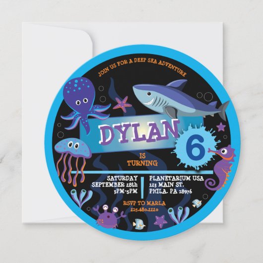水族館の誕生日パーティーの招待状の下 招待状 (正面)