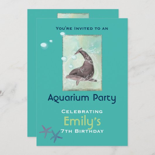水族館ドルフォンをテーマにした誕生日パーティー 招待状 (正面/裏面)