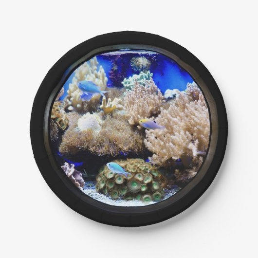 水族館熱帯魚サンゴ塩水色ブルーブラック ペーパープレート (正面)