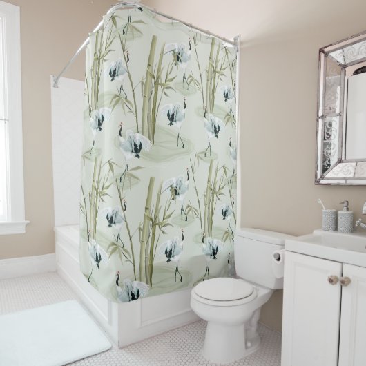 水日本の色アジアアート竹鳥模様 シャワーカーテン (インサイチュ)