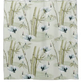 水日本の色アジアアート竹鳥模様 シャワーカーテン (正面)