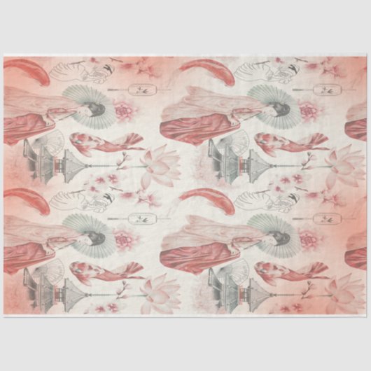 水日本の色アートガールとコイ魚 薄葉紙 (正面)