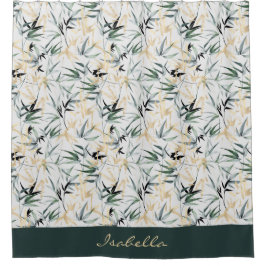 水日本の色緑金ゴールド竹パターン シャワーカーテン