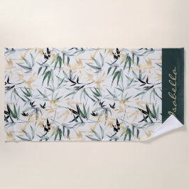 水日本の色緑金ゴールド竹パターン ビーチタオル