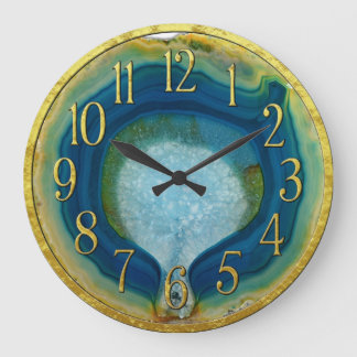 水晶の金ゴールドの詳細が付いている青及び緑の瑪瑙Geode ラージ壁時計