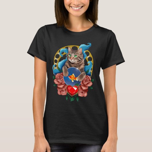 水晶玉の猫と魚 Tシャツ (正面)