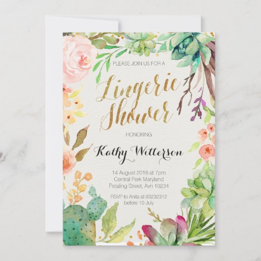 水気が多いサボテンのランジェリーのシャワーの招待 招待状 (正面)