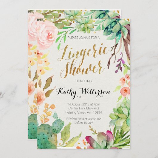 水気が多いサボテンのランジェリーのシャワーの招待 招待状 (正面/裏面)