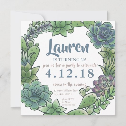 水気が多い大人の誕生日30カードを回す年齢 招待状 (正面)