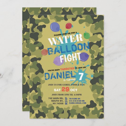 水気球飛行迷彩柄誕生日招待状 招待状 (正面/裏面)