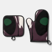 水没：抽象芸術ブラック、ホワイト、パープル、グリーン 鍋つかみ&鍋敷きセット (正面)