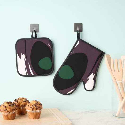 水没：抽象芸術ブラック、ホワイト、パープル、グリーン 鍋つかみ&鍋敷きセット (インサイチュ (吊り下げ))