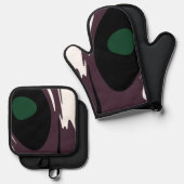 水没：抽象芸術ブラック、ホワイト、パープル、グリーン 鍋つかみ&鍋敷きセット (正面/裏面)