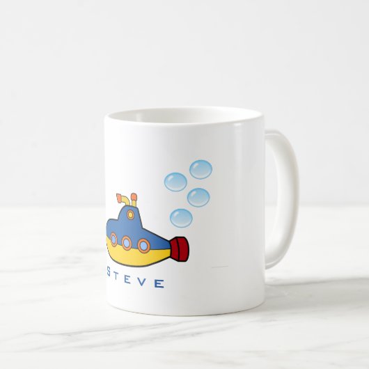 水泡の付いた黄色と青のおもちゃ潜水艦 コーヒーマグカップ (正面右)