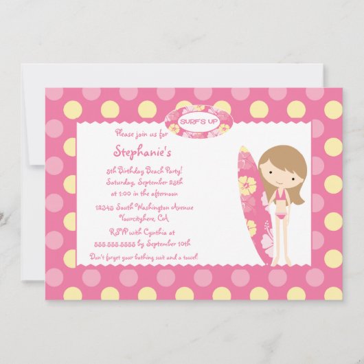 水泳の誕生日のパーティの招待状の上のピンクの波 招待状 (正面)