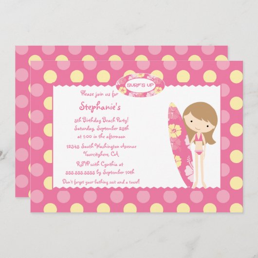 水泳の誕生日のパーティの招待状の上のピンクの波 招待状 (正面/裏面)