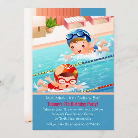 水泳はプールのパーティの招待状を加えます 招待状 (正面/裏面)