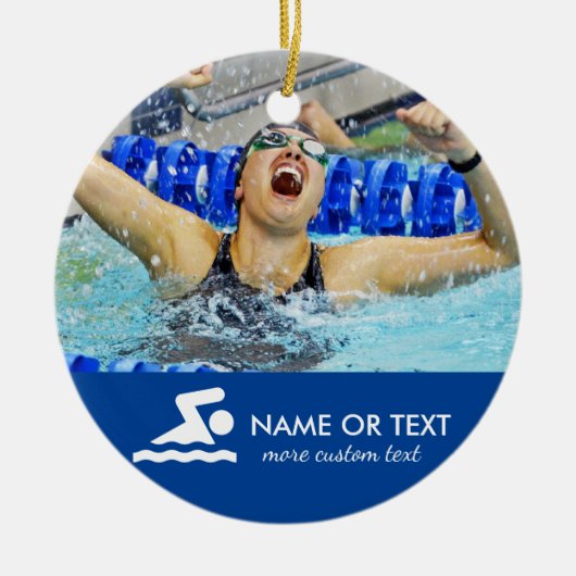 水泳パーソナライズされた写真クリスマス セラミックオーナメント (正面)