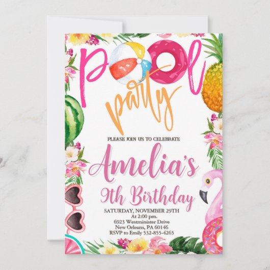 水泳パーティー、プールパーティー誕生日、任意の年齢 招待状 (正面)