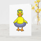 水泳リングで泳ぐアヒル カード (黄色い花)