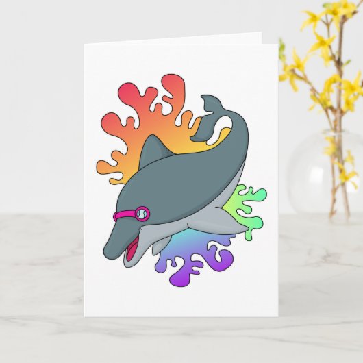 水泳用ゴーグルをつけたイルカ カード (黄色い花)