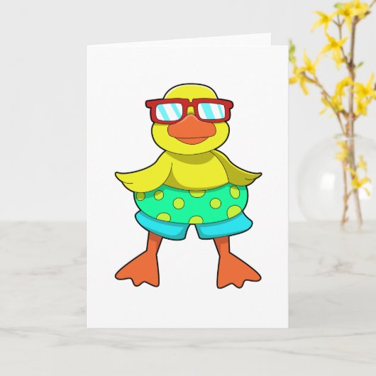 水泳輪とサングラスをかけたアヒル カード (黄色い花)