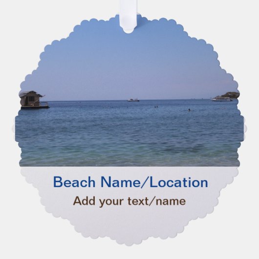 水海ビーチ写真追加ネーム文字場所夏 オーナメントカード (正面)