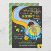 水滑り誕生日招待状/プールパーティー/少年 招待状 (正面/裏面)