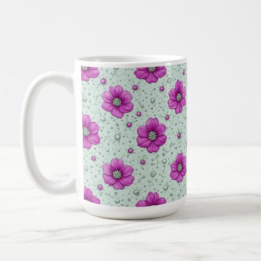 水滴のあるピンクの花の模様 コーヒーマグカップ (左)