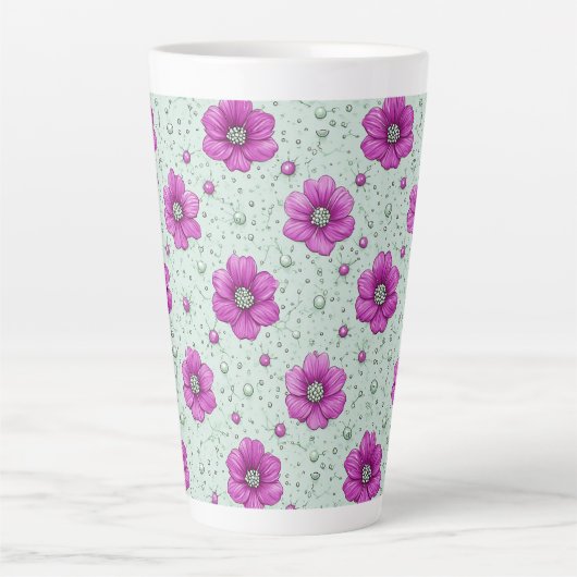 水滴のあるピンクの花柄 カフェラテマグ (正面)