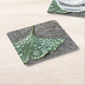 水滴付きグリーンギンコ葉 スクエアペーパーコースター (アングル)