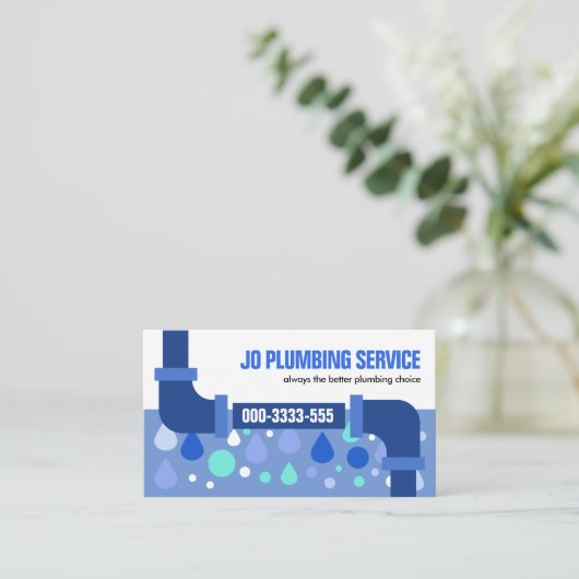 水漏れ青いパイプ水滴の配管業者 名刺 (スタンド正面)