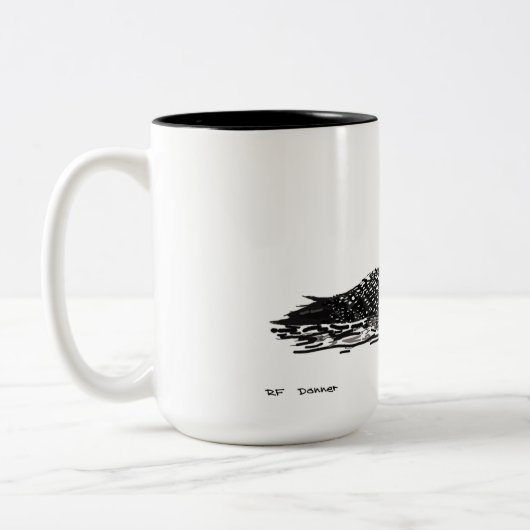 水潜り鳥の手描きの型どおりの作品 ツートーンマグカップ (左)