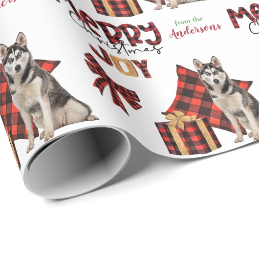 水牛のプレイドシベリアのハスキードッグクリスマス ラッピングペーパー (ロールコーナー)