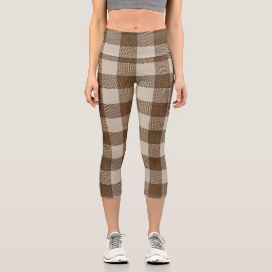 水牛のプレイドブラウンとベージュ美しい カプリレギンス (正面)