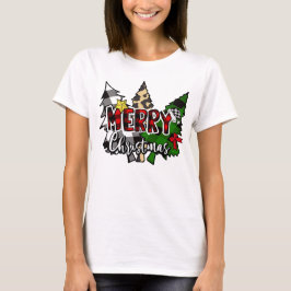 水牛のプレイドメリークリスマスと松 Tシャツ