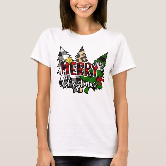 水牛のプレイドメリークリスマスと松 Tシャツ (正面)