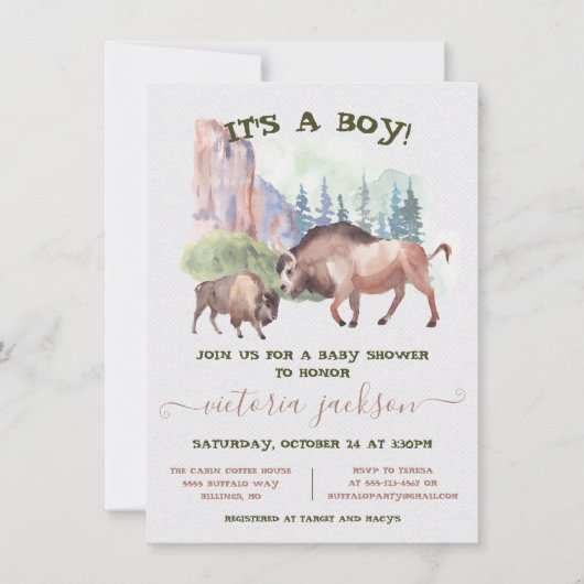 水牛のママ&ベビー素朴な水の色ベビーシャワー 招待状 (正面)